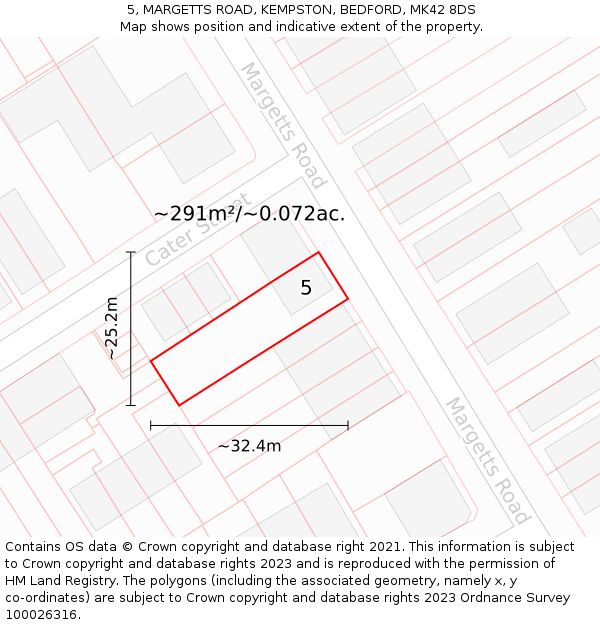 5, MARGETTS ROAD, KEMPSTON, BEDFORD, MK42 8DS: Plot and title map