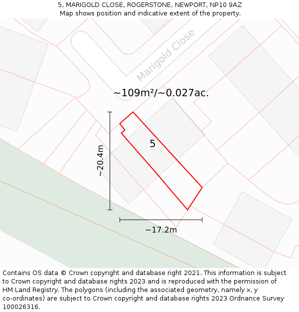 5, MARIGOLD CLOSE, ROGERSTONE, NEWPORT, NP10 9AZ: Plot and title map