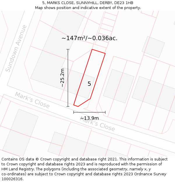 5, MARKS CLOSE, SUNNYHILL, DERBY, DE23 1HB: Plot and title map