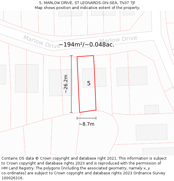 5, MARLOW DRIVE, ST LEONARDS-ON-SEA, TN37 7JF: Plot and title map