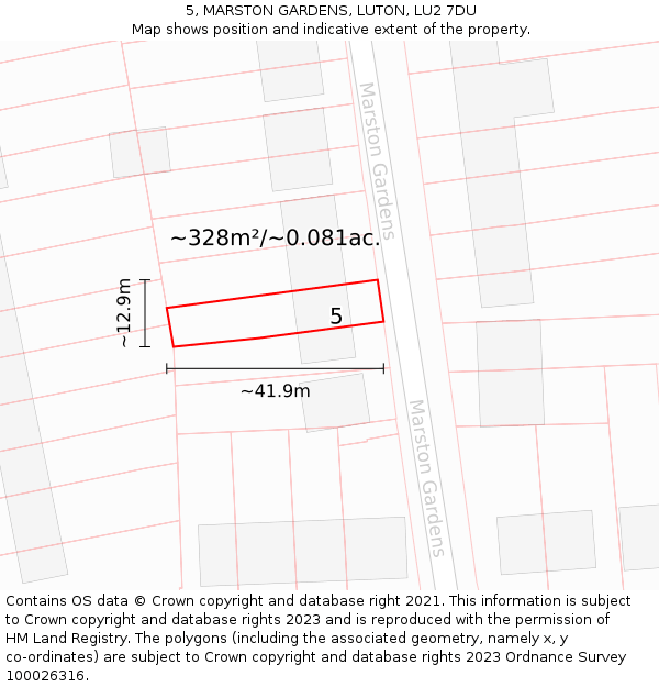 5, MARSTON GARDENS, LUTON, LU2 7DU: Plot and title map