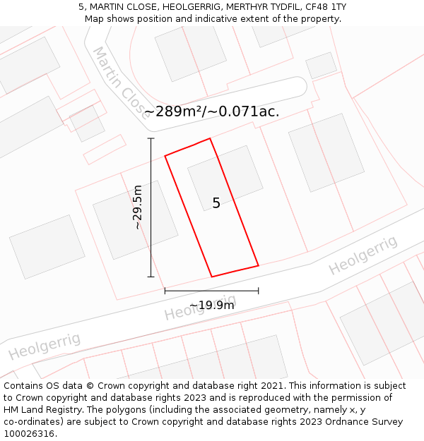5, MARTIN CLOSE, HEOLGERRIG, MERTHYR TYDFIL, CF48 1TY: Plot and title map