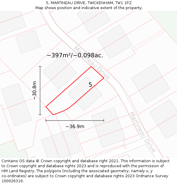 5, MARTINEAU DRIVE, TWICKENHAM, TW1 1PZ: Plot and title map