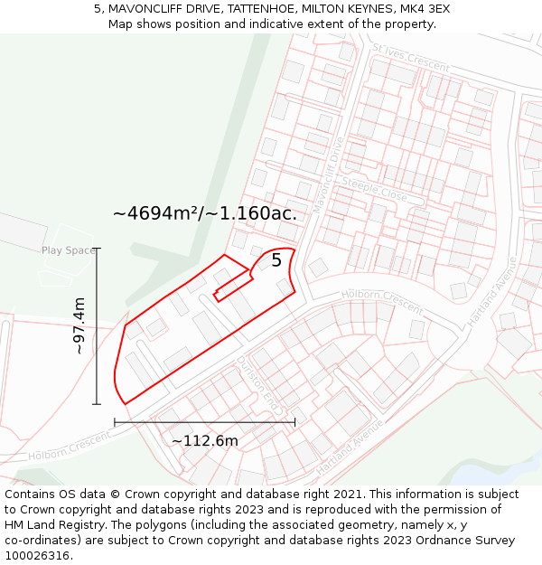 5, MAVONCLIFF DRIVE, TATTENHOE, MILTON KEYNES, MK4 3EX: Plot and title map