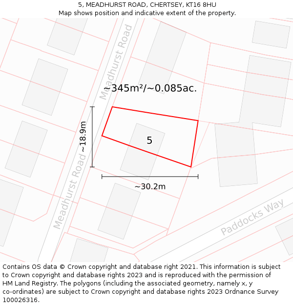5, MEADHURST ROAD, CHERTSEY, KT16 8HU: Plot and title map