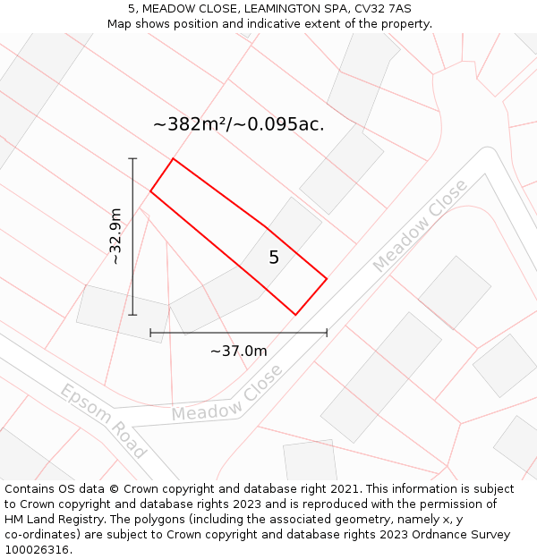 5, MEADOW CLOSE, LEAMINGTON SPA, CV32 7AS: Plot and title map