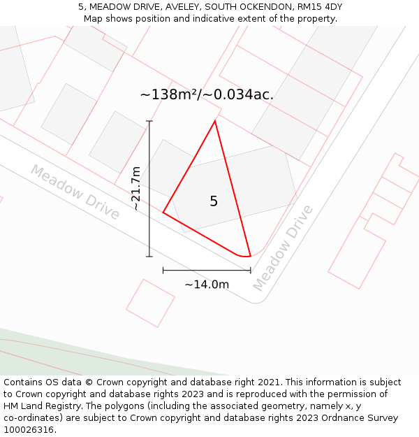 5, MEADOW DRIVE, AVELEY, SOUTH OCKENDON, RM15 4DY: Plot and title map