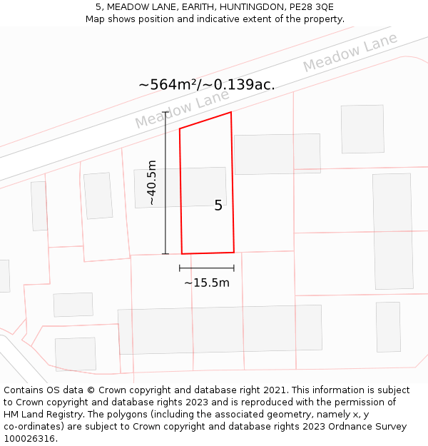 5, MEADOW LANE, EARITH, HUNTINGDON, PE28 3QE: Plot and title map