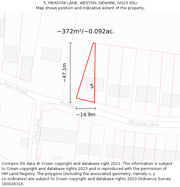 5, MEADOW LANE, WESTON, NEWARK, NG23 6SU: Plot and title map