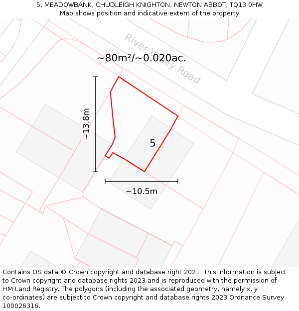 5, MEADOWBANK, CHUDLEIGH KNIGHTON, NEWTON ABBOT, TQ13 0HW: Plot and title map