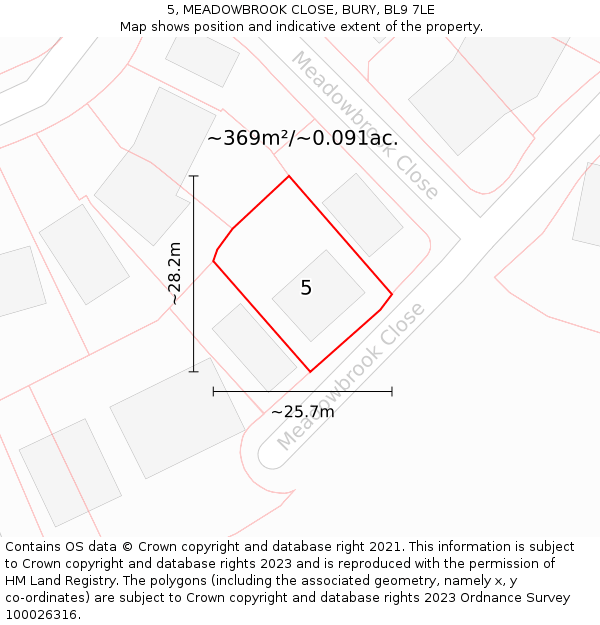5, MEADOWBROOK CLOSE, BURY, BL9 7LE: Plot and title map