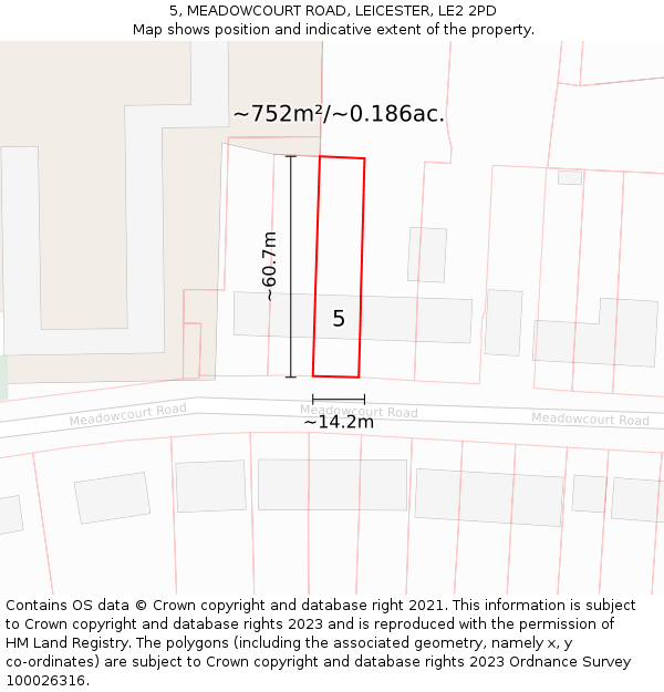 5, MEADOWCOURT ROAD, LEICESTER, LE2 2PD: Plot and title map