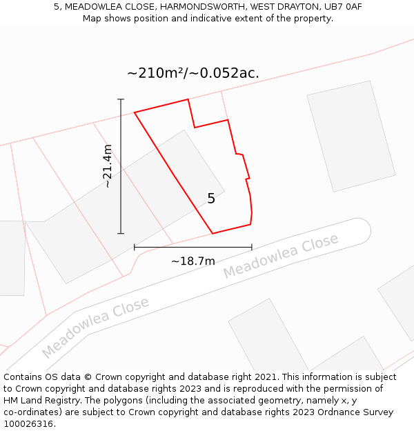 5, MEADOWLEA CLOSE, HARMONDSWORTH, WEST DRAYTON, UB7 0AF: Plot and title map