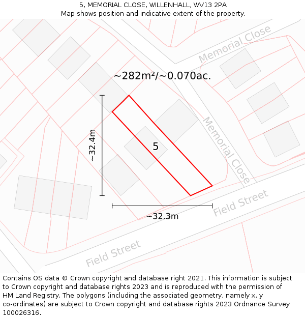 5, MEMORIAL CLOSE, WILLENHALL, WV13 2PA: Plot and title map