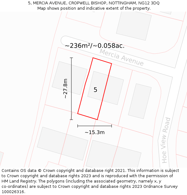 5, MERCIA AVENUE, CROPWELL BISHOP, NOTTINGHAM, NG12 3DQ: Plot and title map