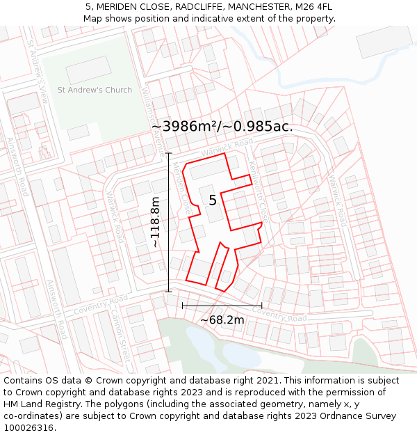 5, MERIDEN CLOSE, RADCLIFFE, MANCHESTER, M26 4FL: Plot and title map