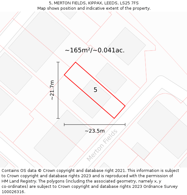 5, MERTON FIELDS, KIPPAX, LEEDS, LS25 7FS: Plot and title map