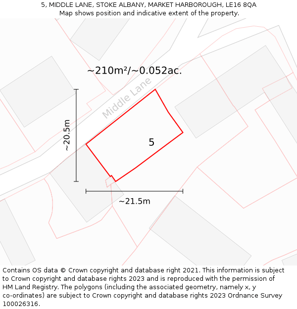 5, MIDDLE LANE, STOKE ALBANY, MARKET HARBOROUGH, LE16 8QA: Plot and title map
