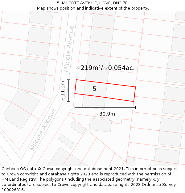 5, MILCOTE AVENUE, HOVE, BN3 7EJ: Plot and title map