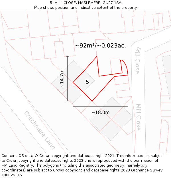 5, MILL CLOSE, HASLEMERE, GU27 1SA: Plot and title map