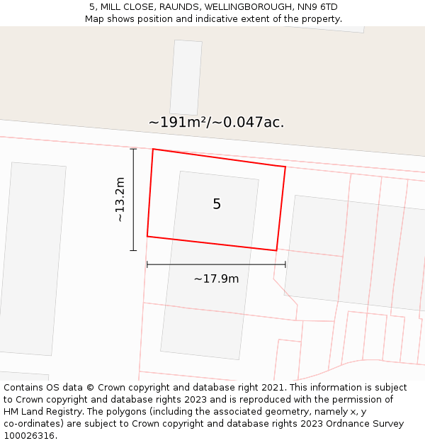 5, MILL CLOSE, RAUNDS, WELLINGBOROUGH, NN9 6TD: Plot and title map