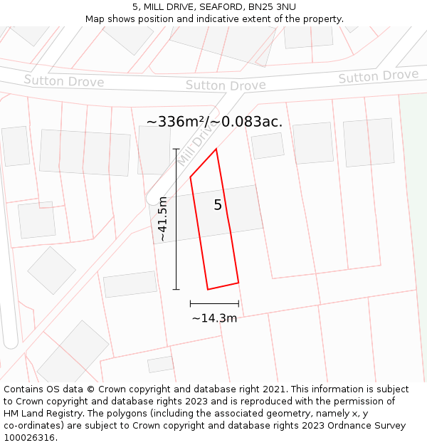 5, MILL DRIVE, SEAFORD, BN25 3NU: Plot and title map