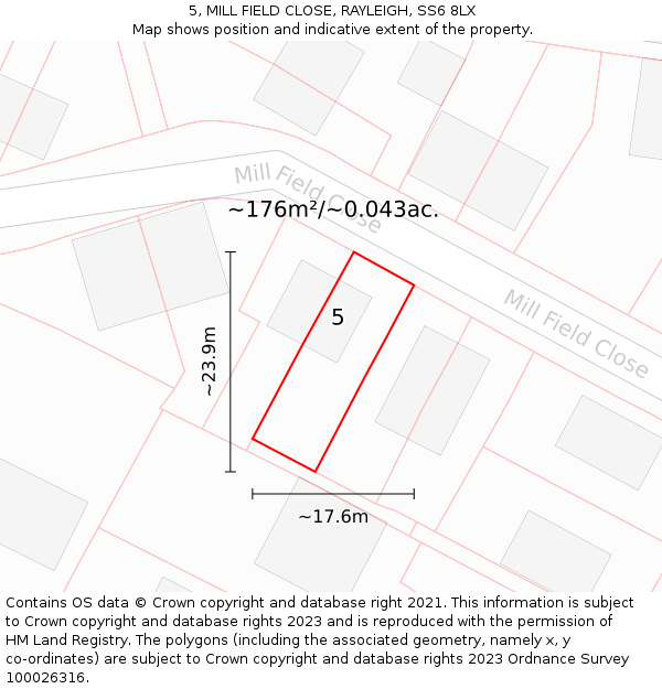 5, MILL FIELD CLOSE, RAYLEIGH, SS6 8LX: Plot and title map