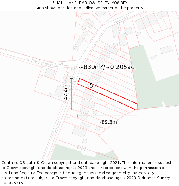 5, MILL LANE, BARLOW, SELBY, YO8 8EY: Plot and title map