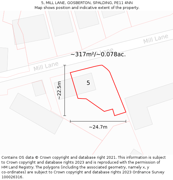 5, MILL LANE, GOSBERTON, SPALDING, PE11 4NN: Plot and title map