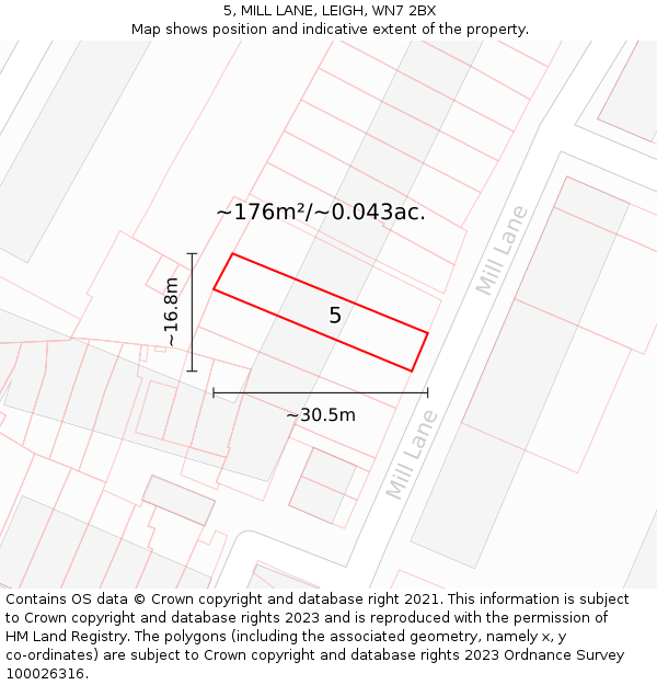 5, MILL LANE, LEIGH, WN7 2BX: Plot and title map