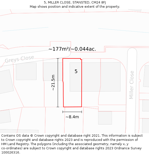 5, MILLER CLOSE, STANSTED, CM24 8FJ: Plot and title map