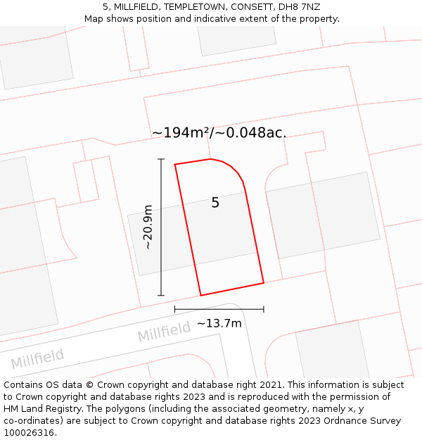 5, MILLFIELD, TEMPLETOWN, CONSETT, DH8 7NZ: Plot and title map