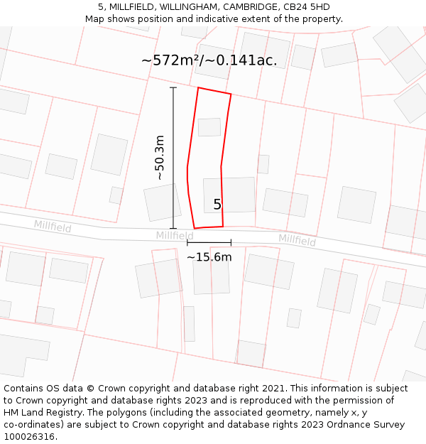 5, MILLFIELD, WILLINGHAM, CAMBRIDGE, CB24 5HD: Plot and title map