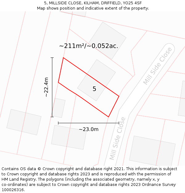 5, MILLSIDE CLOSE, KILHAM, DRIFFIELD, YO25 4SF: Plot and title map