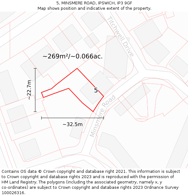 5, MINSMERE ROAD, IPSWICH, IP3 9GF: Plot and title map