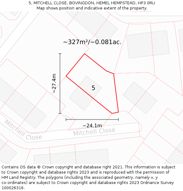 5, MITCHELL CLOSE, BOVINGDON, HEMEL HEMPSTEAD, HP3 0RU: Plot and title map
