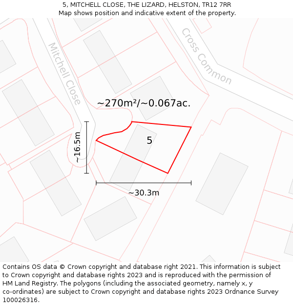 5, MITCHELL CLOSE, THE LIZARD, HELSTON, TR12 7RR: Plot and title map