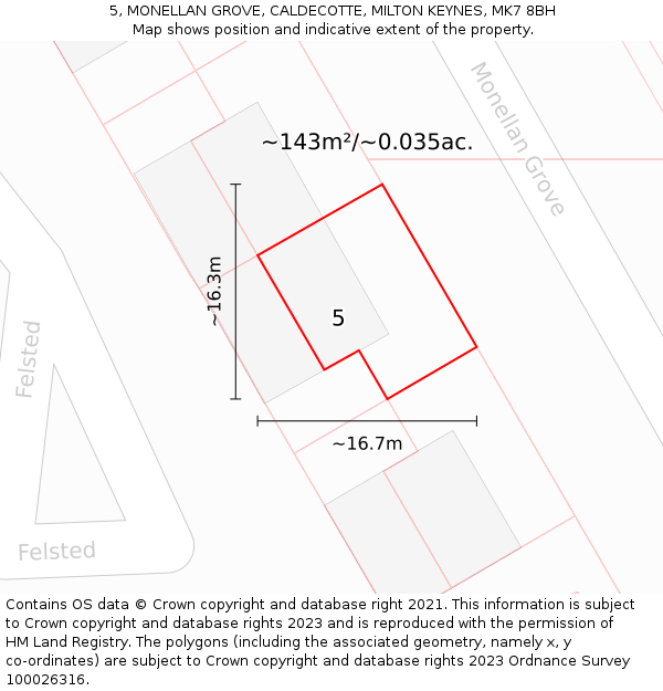 5, MONELLAN GROVE, CALDECOTTE, MILTON KEYNES, MK7 8BH: Plot and title map