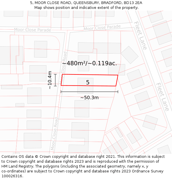 5, MOOR CLOSE ROAD, QUEENSBURY, BRADFORD, BD13 2EA: Plot and title map