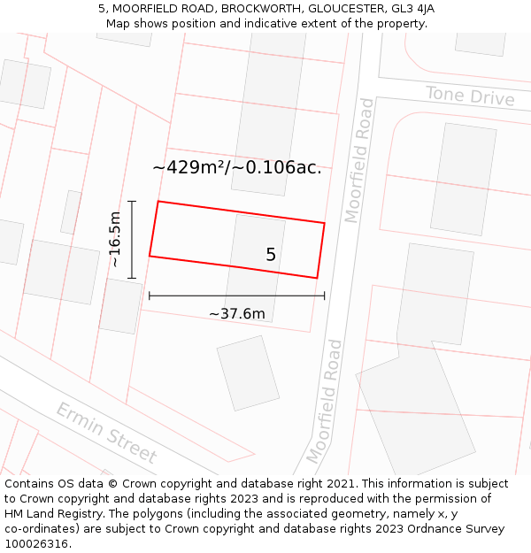 5, MOORFIELD ROAD, BROCKWORTH, GLOUCESTER, GL3 4JA: Plot and title map
