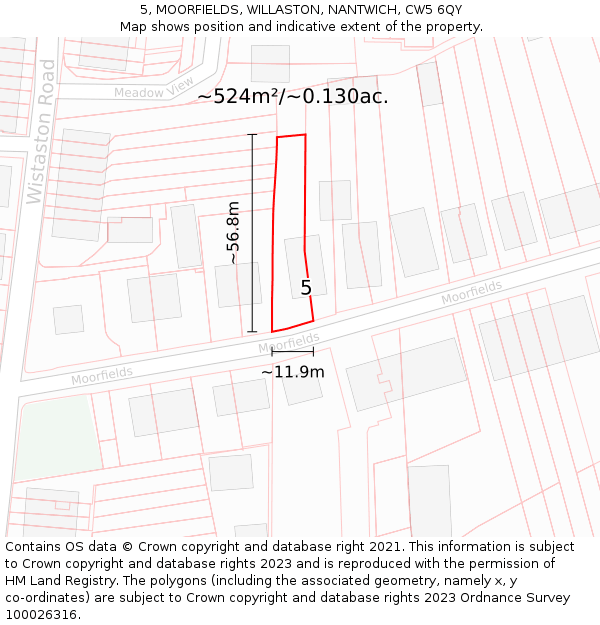 5, MOORFIELDS, WILLASTON, NANTWICH, CW5 6QY: Plot and title map