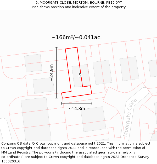 5, MOORGATE CLOSE, MORTON, BOURNE, PE10 0PT: Plot and title map