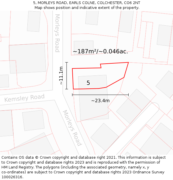 5, MORLEYS ROAD, EARLS COLNE, COLCHESTER, CO6 2NT: Plot and title map