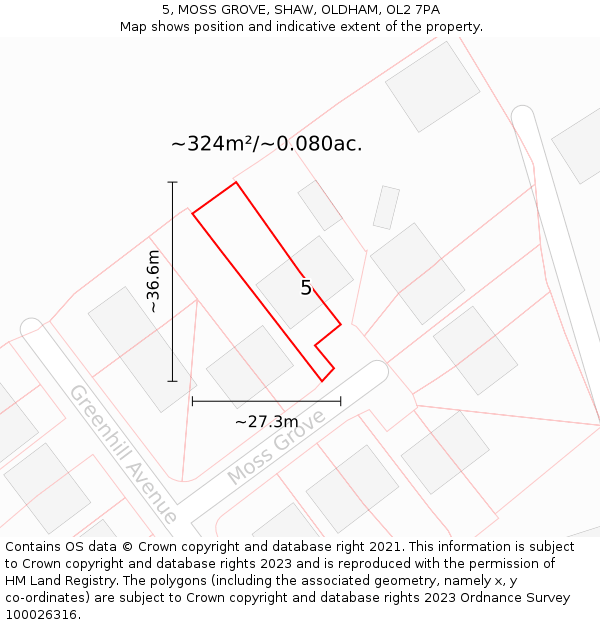 5, MOSS GROVE, SHAW, OLDHAM, OL2 7PA: Plot and title map
