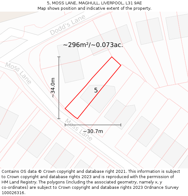 5, MOSS LANE, MAGHULL, LIVERPOOL, L31 9AE: Plot and title map