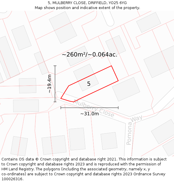 5, MULBERRY CLOSE, DRIFFIELD, YO25 6YG: Plot and title map