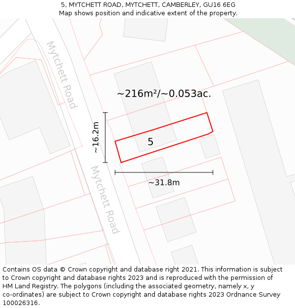 5, MYTCHETT ROAD, MYTCHETT, CAMBERLEY, GU16 6EG: Plot and title map