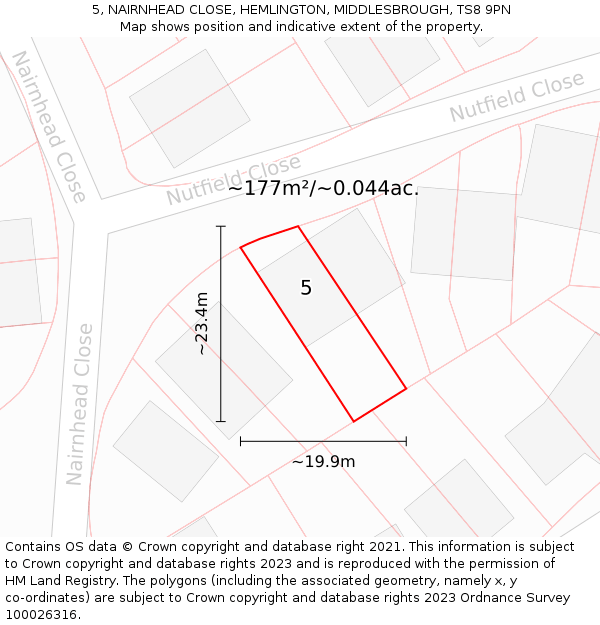 5, NAIRNHEAD CLOSE, HEMLINGTON, MIDDLESBROUGH, TS8 9PN: Plot and title map