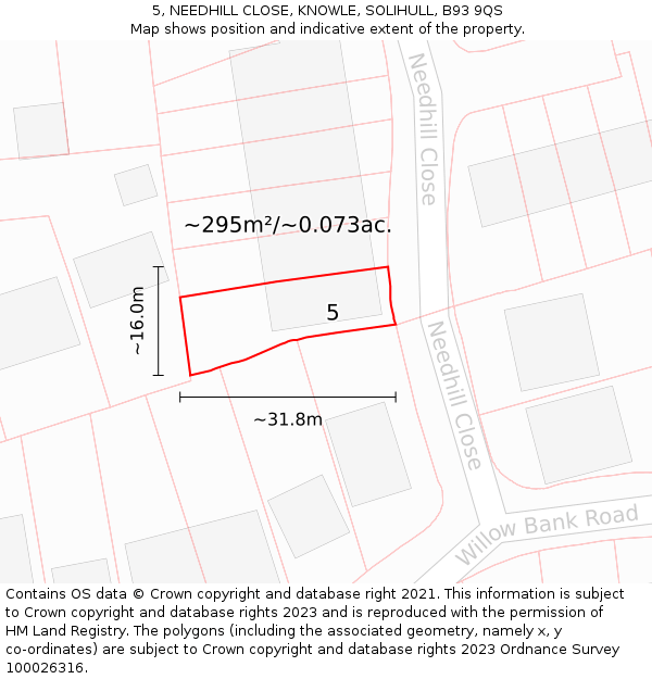 5, NEEDHILL CLOSE, KNOWLE, SOLIHULL, B93 9QS: Plot and title map