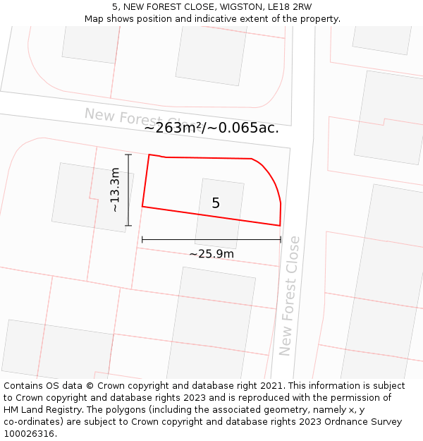 5, NEW FOREST CLOSE, WIGSTON, LE18 2RW: Plot and title map
